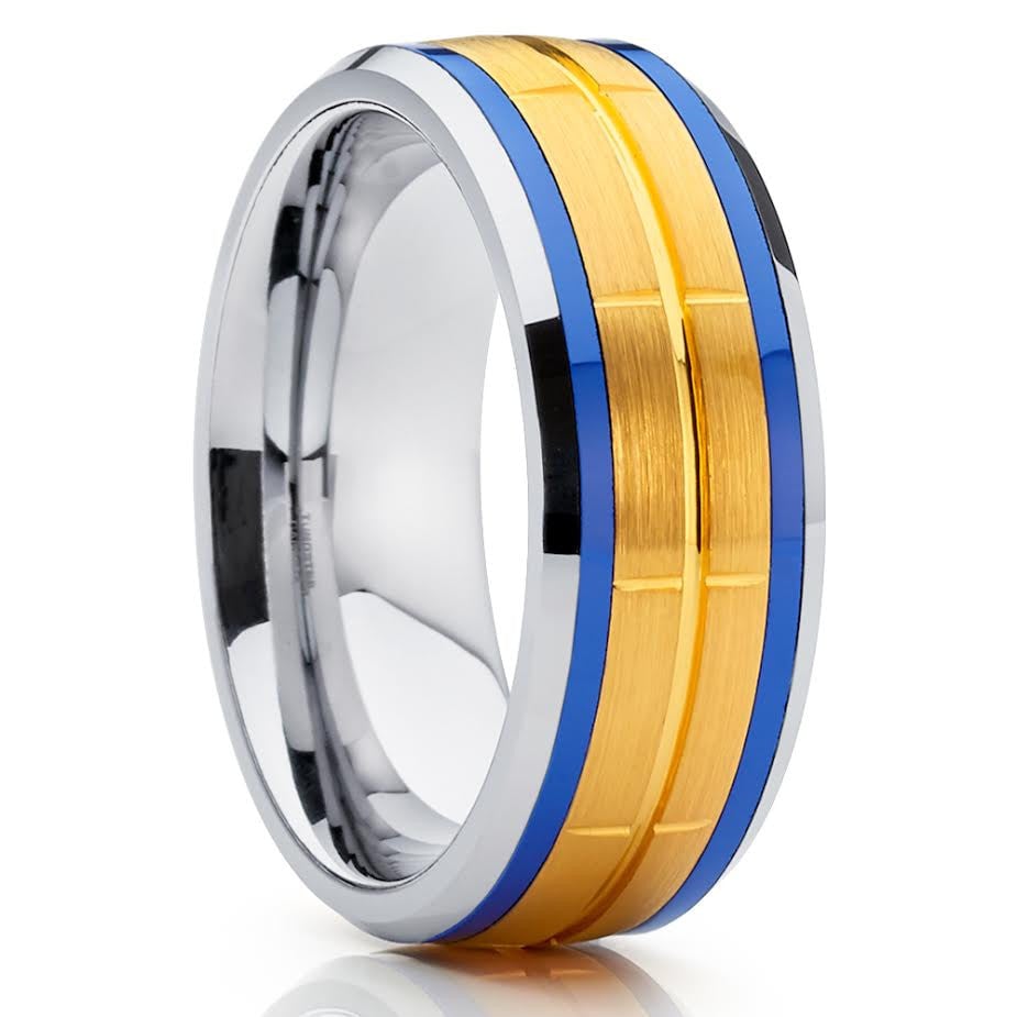 Blue Tungsten Wedding Ring 8mm Two Tone Comfort Fit Yellow Gold Anniversary Ring Image 4