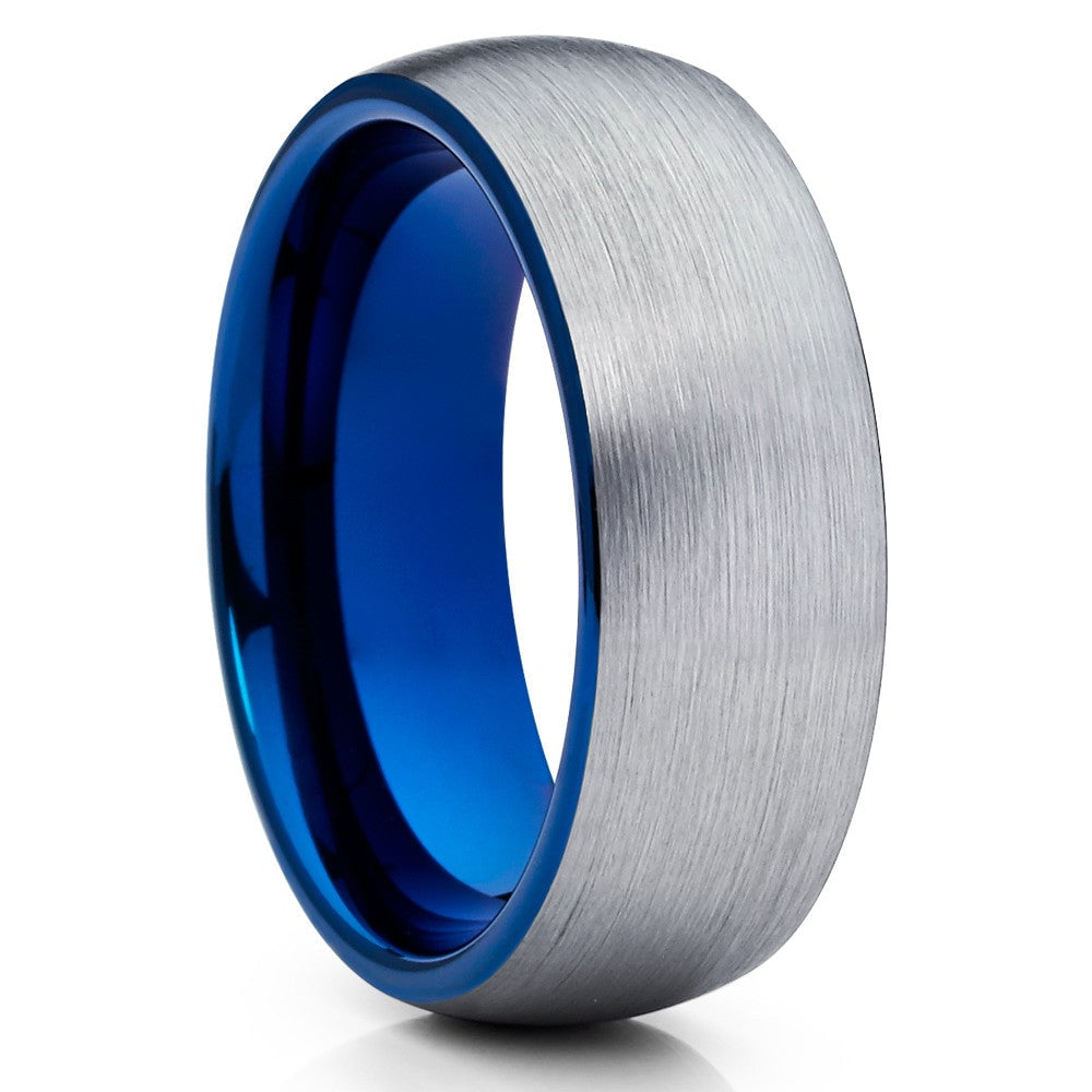 Blue Tungsten Wedding Ring 8mm Tungsten Carbide Silver Comfort Fit Hypoallergenic Image 4