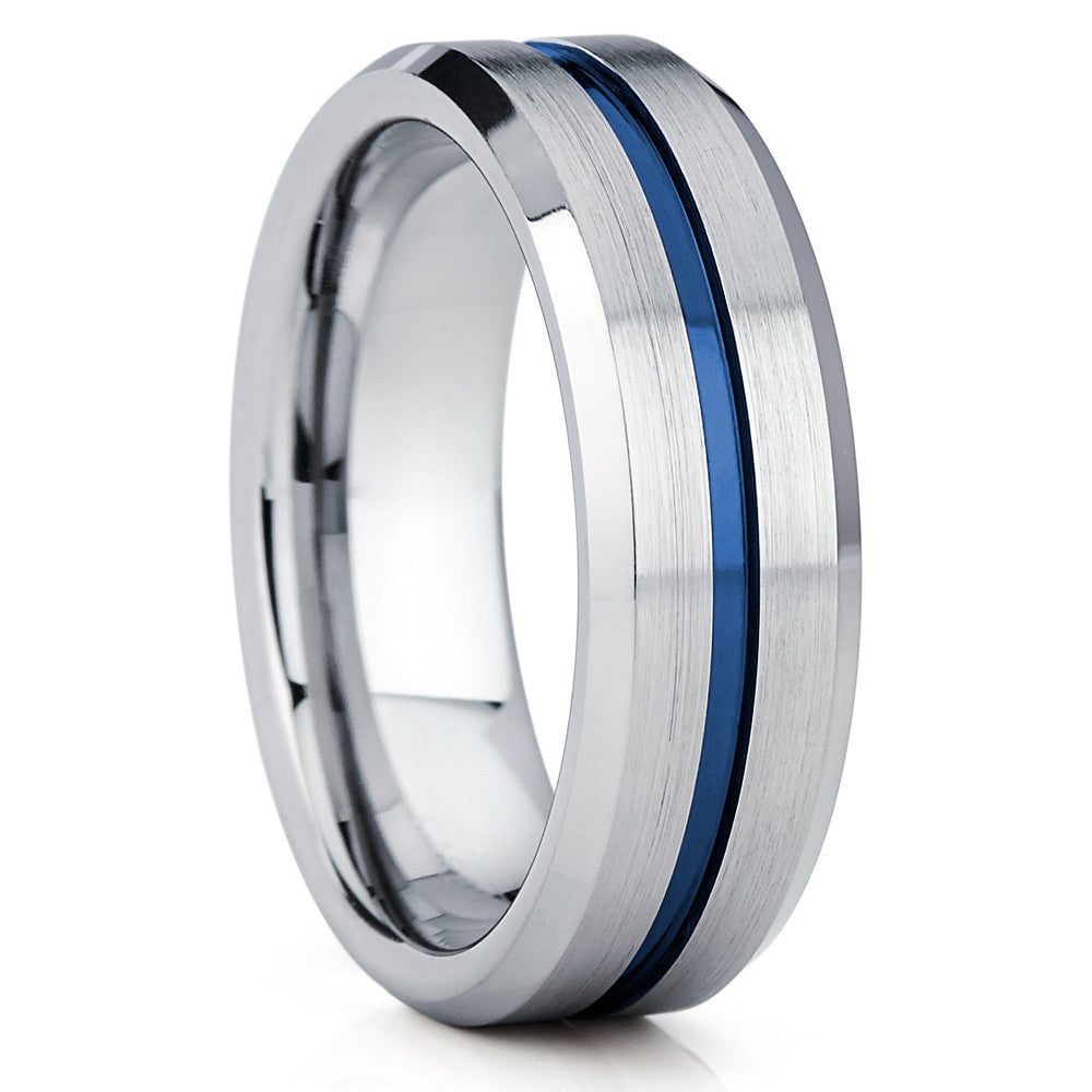 Blue Tungsten Wedding Ring 8mm Comfort Fit Beveled Edges Silver Inlay Image 4