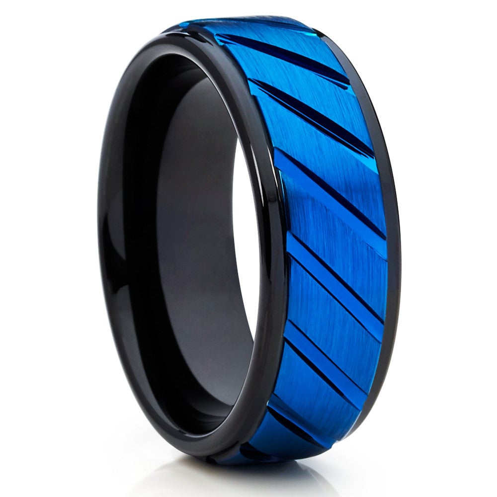 Blue Black Tungsten Wedding Ring 8mm Mens Comfort Fit Titanium Design Size 7-15 Image 4