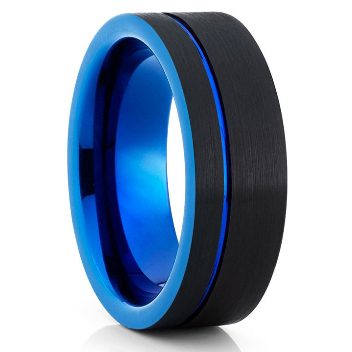 Blue Black Tungsten Wedding Ring Engagement Offset Groove 8mm Cobalt Free Sizes 5-13 Image 4