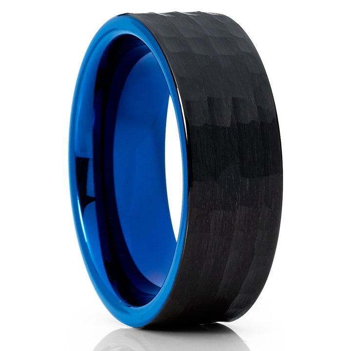 Blue Hammered Tungsten Wedding Ring 8mm Two Tone Black Blue Cobalt Free Image 4