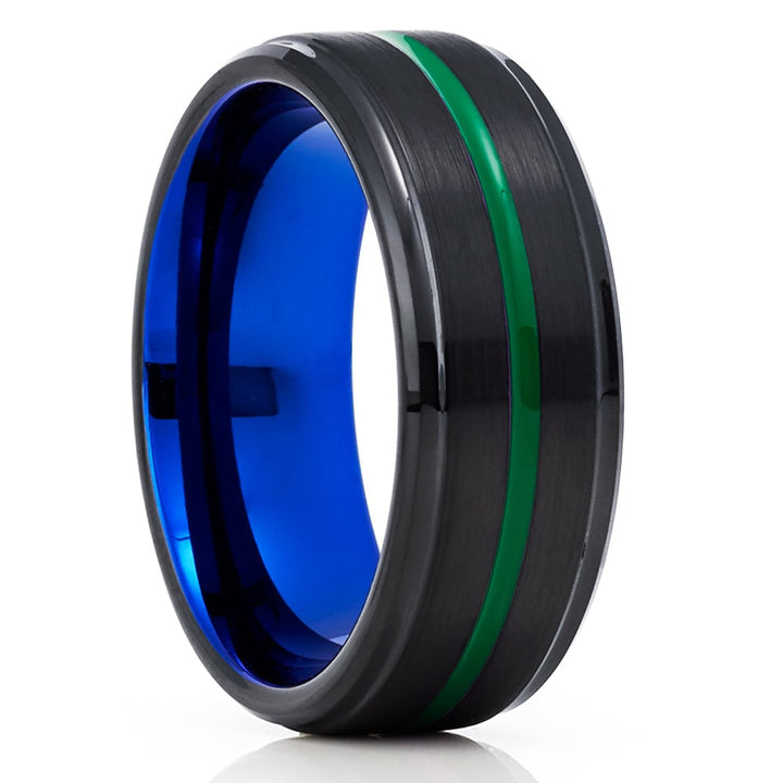 Blue Tungsten Wedding Ring 6mm Green Inlay Comfort Fit Cobalt Free Engagement Ring Image 3