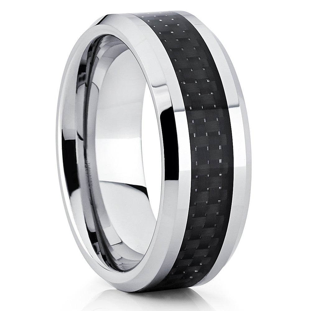 Carbon Fiber Tungsten Carbide Wedding Ring 8mm Silver Comfort Fit Sizes 7-15 Image 4