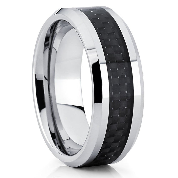 Carbon Fiber Tungsten Carbide Wedding Ring 8mm Silver Comfort Fit Sizes 7-15 Image 1