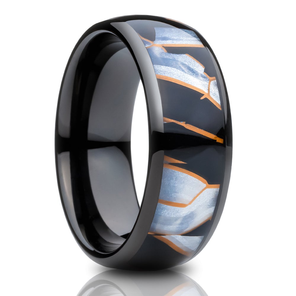 Capiz Tungsten Wedding Ring 8mm Black Comfort Fit Natural Inlay Cobalt Free Image 4