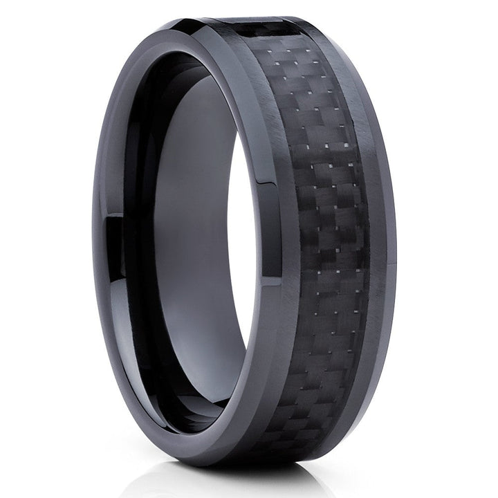 Carbon Fiber Black Tungsten Wedding Ring 8mm Comfort Fit Sizes 7-15 Image 1