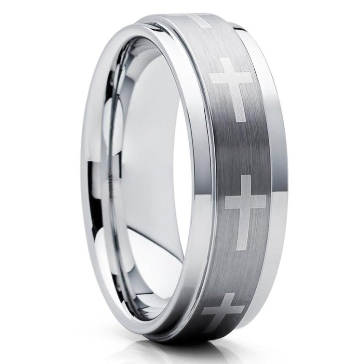 Tungsten Wedding Ring 7mm Cross Design Silver Comfort Fit Cobalt Free Image 4