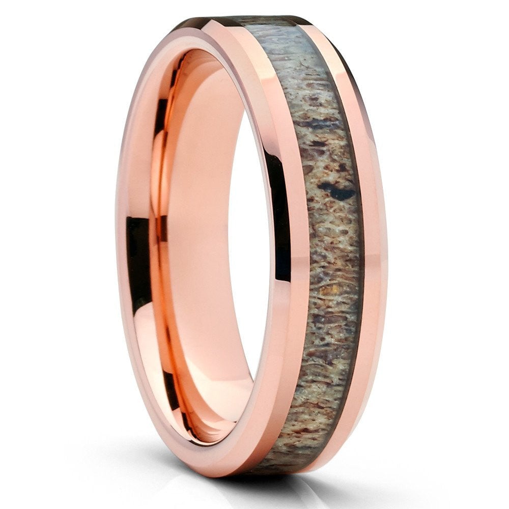 Deer Antler Inlay Tungsten Wedding Ring 6mm Rose Gold Comfort Fit Cobalt Free Image 4