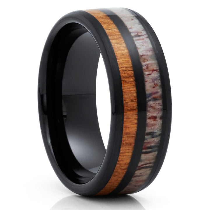 Deer Antler Black Tungsten Wedding Ring 8mm Cherry Wood Inlay Comfort Fit Image 4