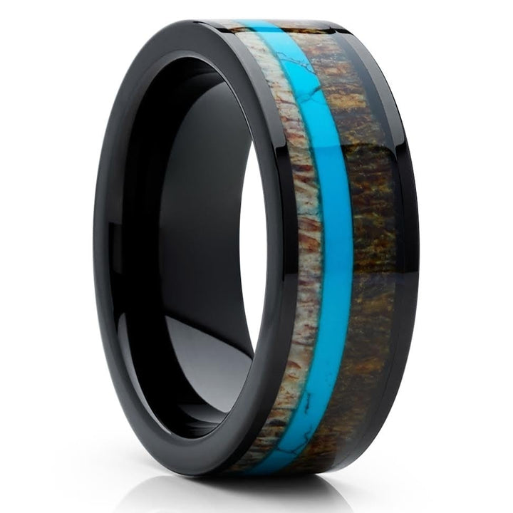 Deer Antler Black Tungsten Ring 8mm Turquoise Inlay Comfort Fit Cobalt Free Image 4