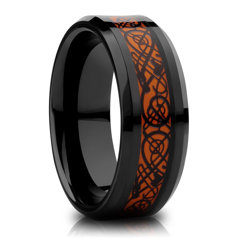 Dragon Tungsten Carbide Wedding Ring 8mm Orange Inlay Cobalt Free Comfort Fit Image 4