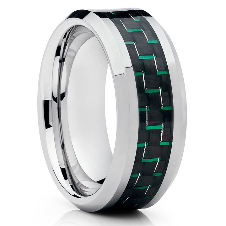 Green Carbon Fiber Tungsten Ring 9mm Comfort Fit Wedding Engagement Ring Image 4