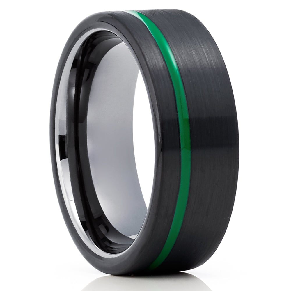 Gunmetal Tungsten Wedding Ring 8mm Black Tungsten Anniversary Ring Green Inlay Image 4