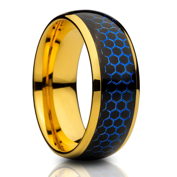 Tungsten Carbide Honeycomb Wedding Ring 8mm Yellow Gold Comfort Fit Cobalt Free Image 4