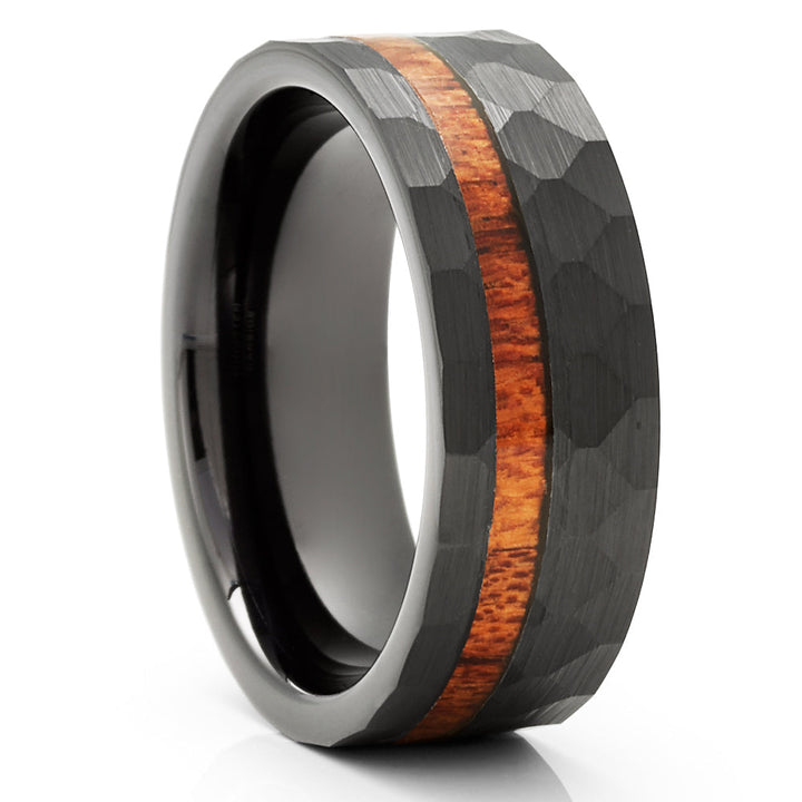 Koa Wood Tungsten Ring 8mm Black Hammered Comfort Fit Wedding Anniversary Ring Image 4