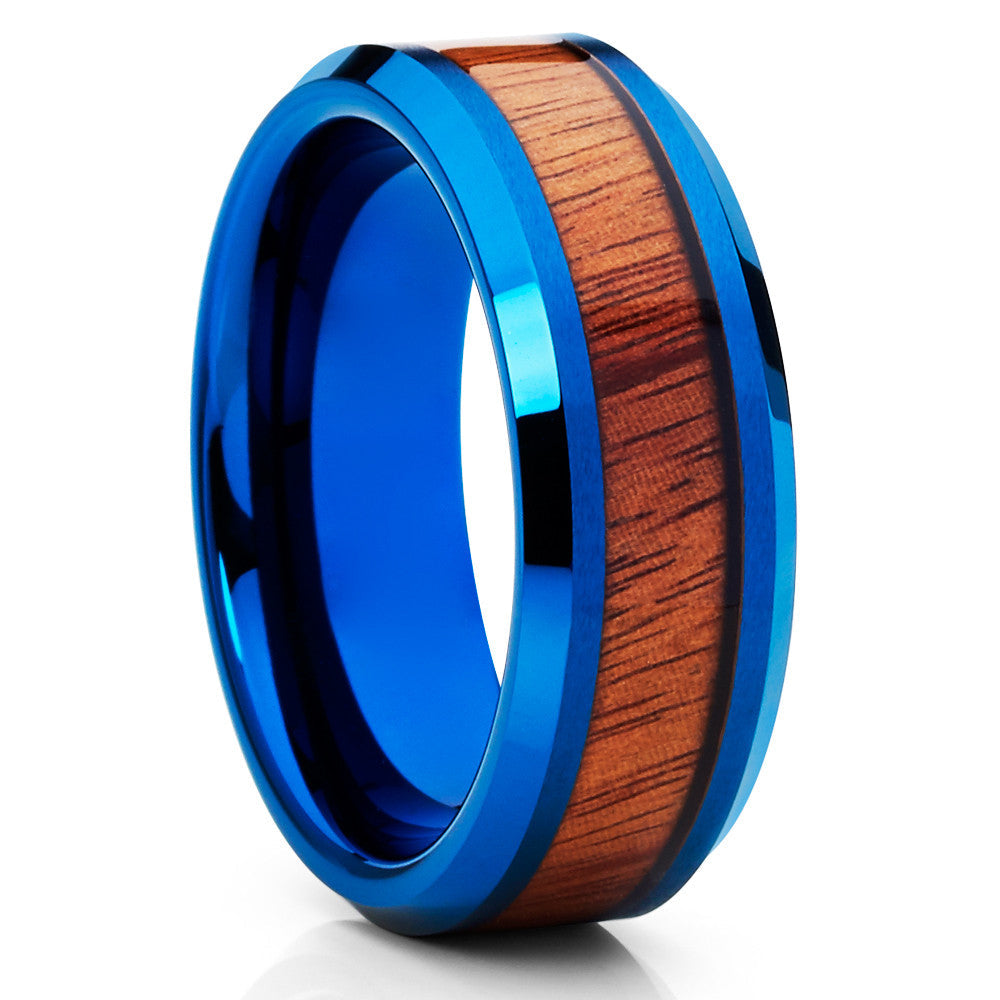 Koa Wood Tungsten Wedding Ring 8mm Blue Comfort Fit Cobalt Free Engagement Ring Image 4