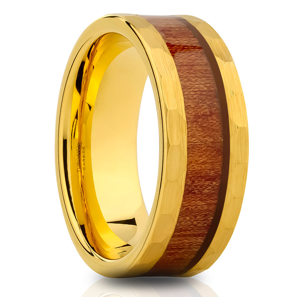 Koa Wood Tungsten Carbide Wedding Ring 8mm Comfort Fit Yellow Gold Inlay Size 7-15 Image 1