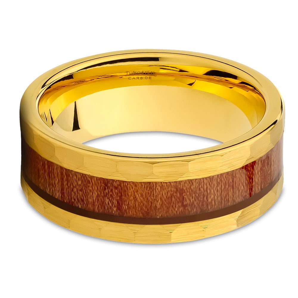 Koa Wood Tungsten Carbide Wedding Ring 8mm Comfort Fit Yellow Gold Inlay Size 7-15 Image 2