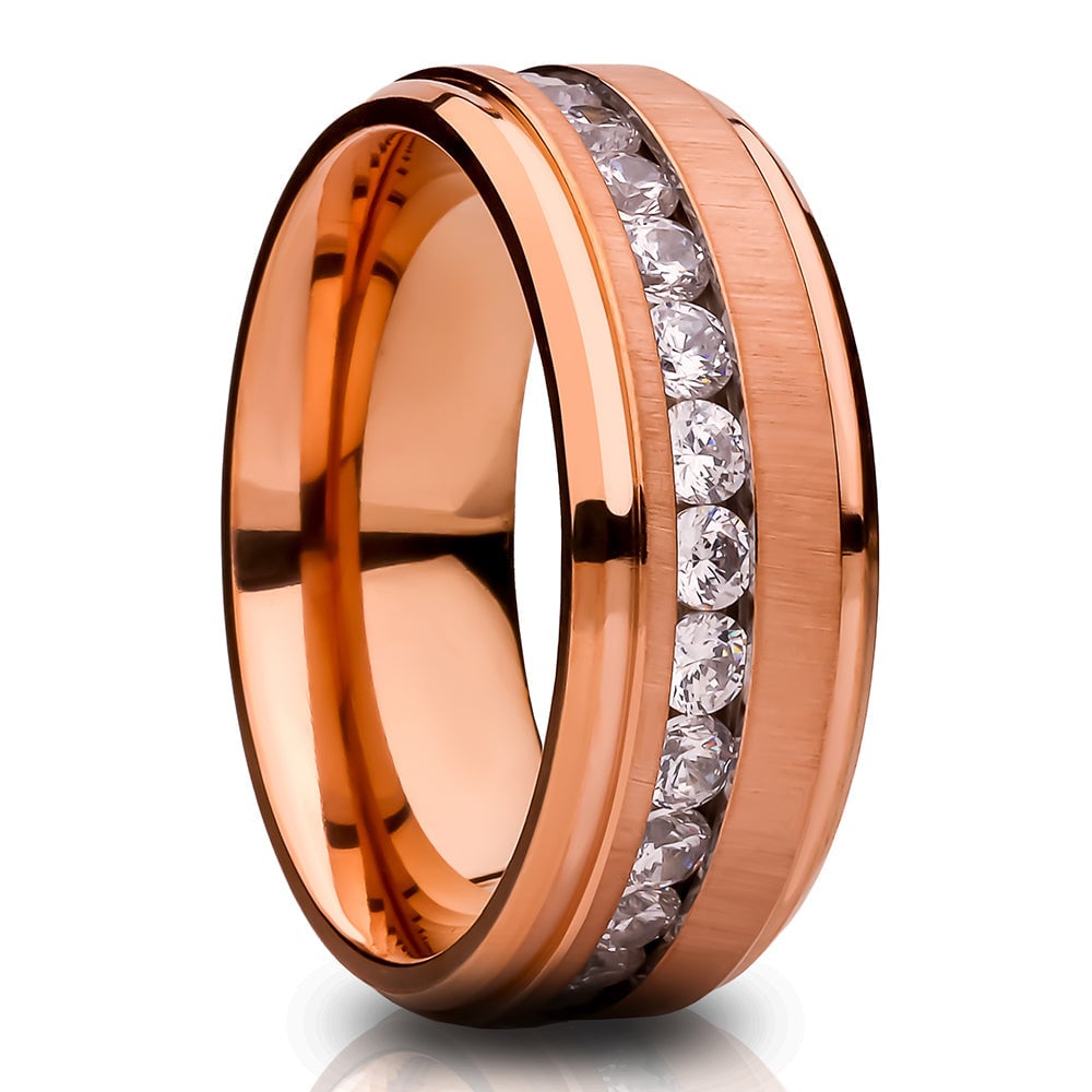 Titanium Wedding Ring 8mm Rose Gold with CZ Inlay Comfort Fit Size 7-12 Image 4