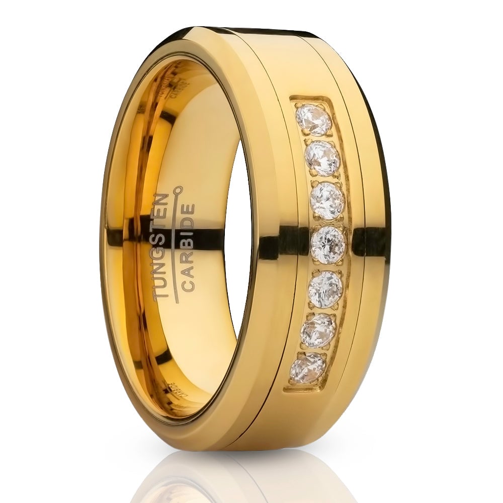 Mens Yellow Gold Tungsten Ring 8mm Comfort Fit CZ Inlay Hypoallergenic Wedding Band Image 4