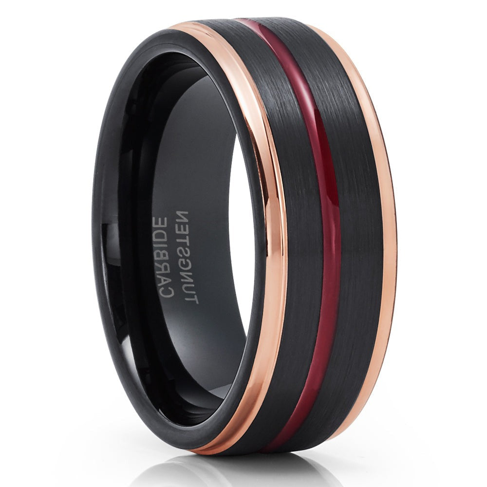 Maroon Black Tungsten Wedding Ring 8mm Rose Gold Inlay Comfort Fit Size 5-13 Image 1