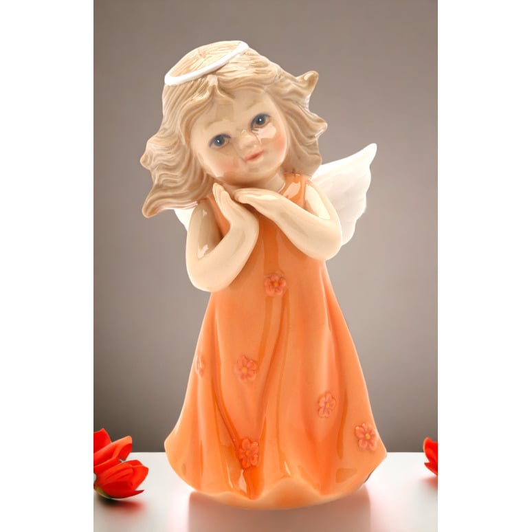 Ceramic Angel Figurine Peach Orange Dress 2.5in Religious Church Image 1