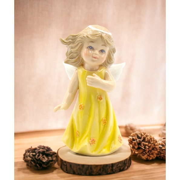 Ceramic Angel Figurine Yellow Dress 2.375x3 Inch Religious Baptism Image 1