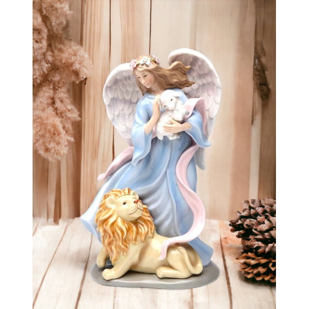 Ceramic Music Box Angel with Lion and Sheep 8.25in Religious Church Image 1