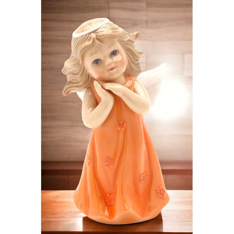 Ceramic Angel Figurine Peach Orange Dress 2.5in Religious Church Image 2