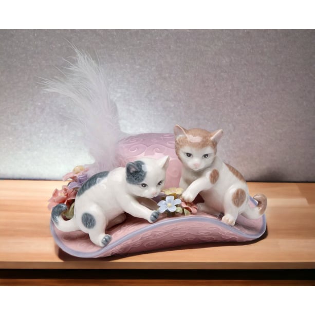 Kevins Gift Shoppe Ceramic Kittens Playing on Hat with Flowers Music Box Image 1