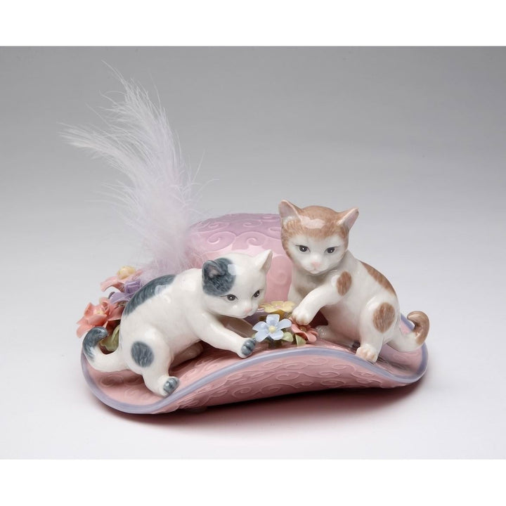 Kevins Gift Shoppe Ceramic Kittens Playing on Hat with Flowers Music Box Image 3