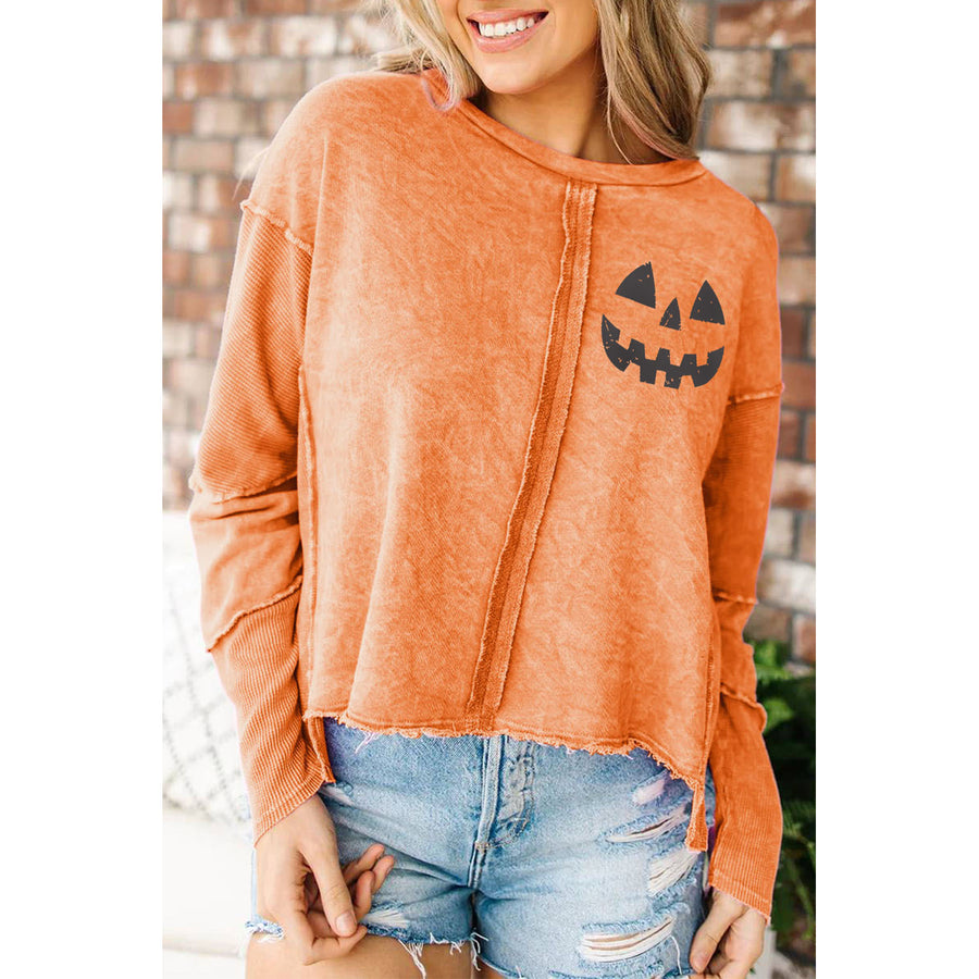 Womens Orange Halloween Pumpkin Face Exposed Seam Patchwork Sweatshirt Image 1