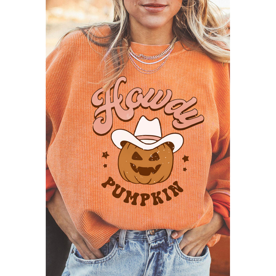 Womens Orange-3 Howdy Pumpkin Halloween Graphic Corded Sweatshirt Image 1