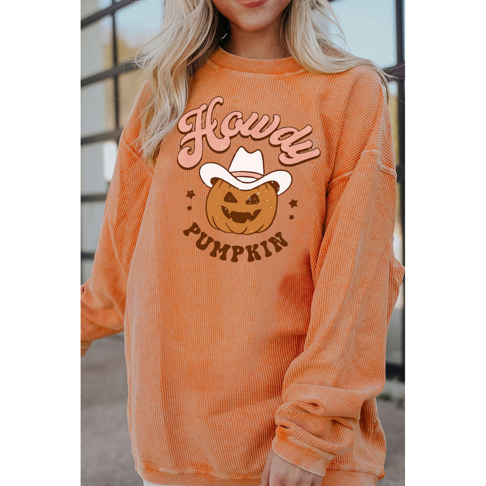 Womens Orange-3 Howdy Pumpkin Halloween Graphic Corded Sweatshirt Image 2