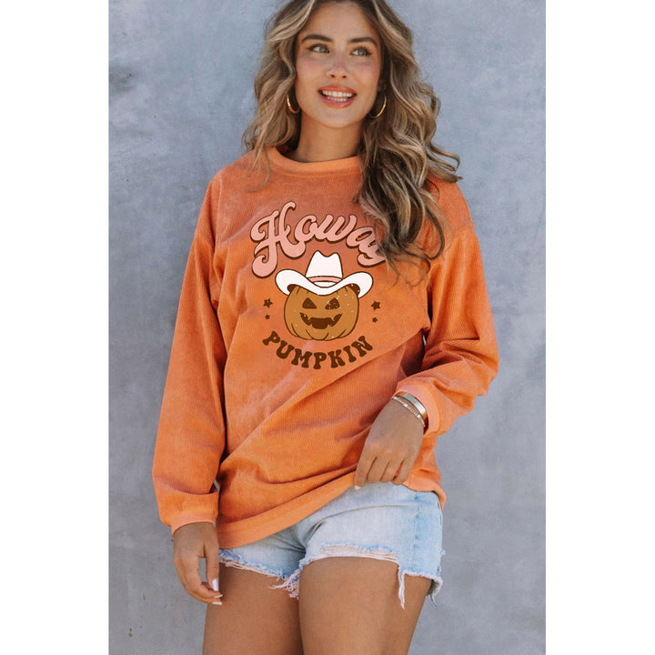Womens Orange-3 Howdy Pumpkin Halloween Graphic Corded Sweatshirt Image 7