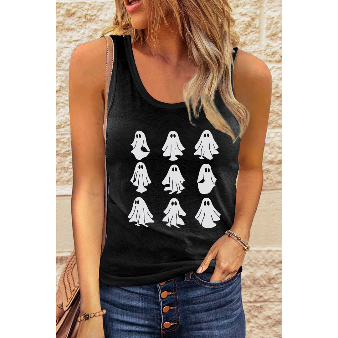 Womens Black Halloween Ghost Graphic Round Neck Tank Top Image 1