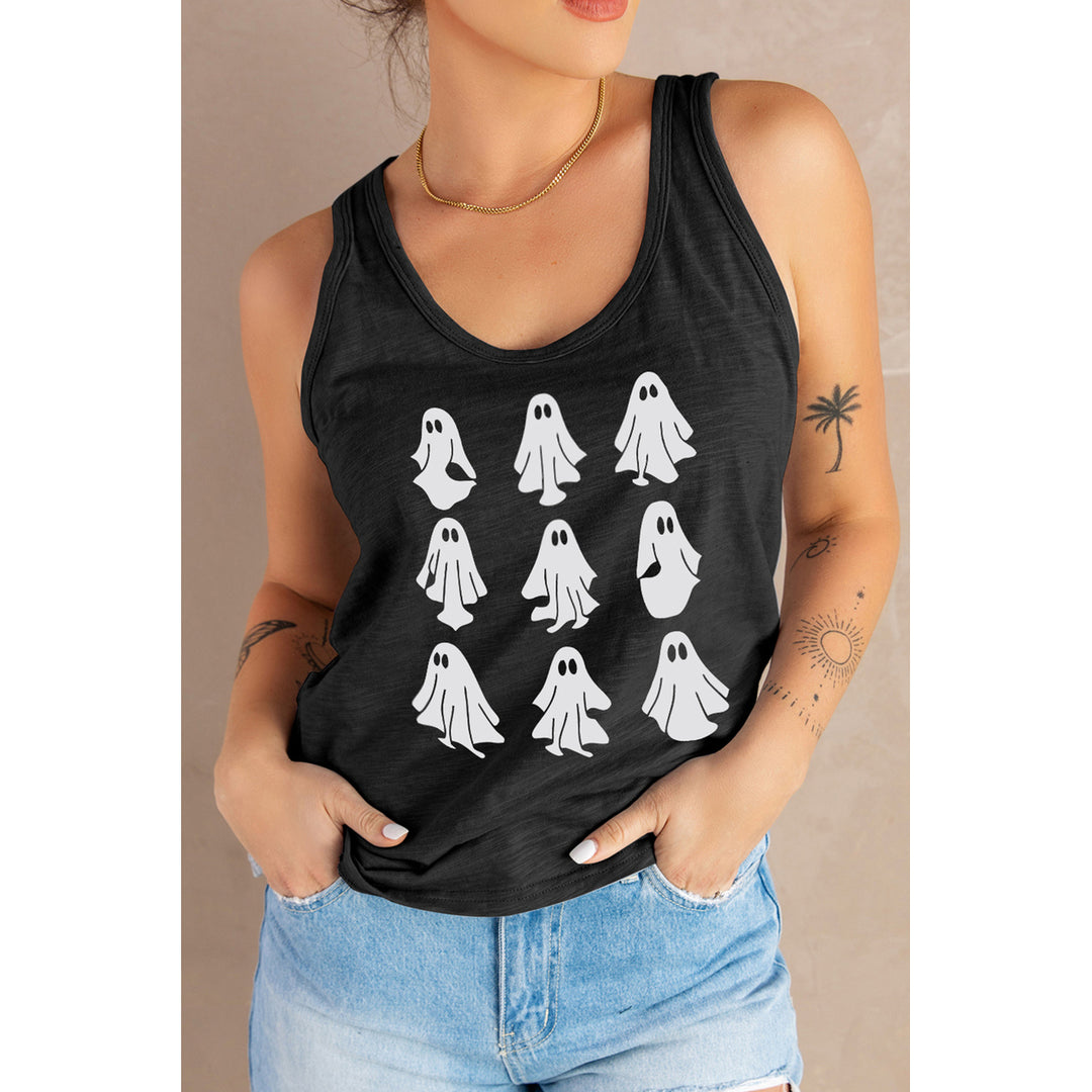 Womens Black Halloween Ghost Graphic Round Neck Tank Top Image 2