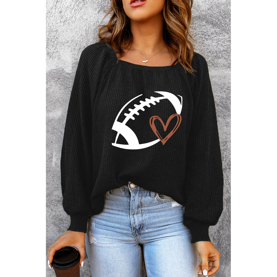 Womens Black Rugby Print Square Neck Puff Sleeve Waffle Top Image 1