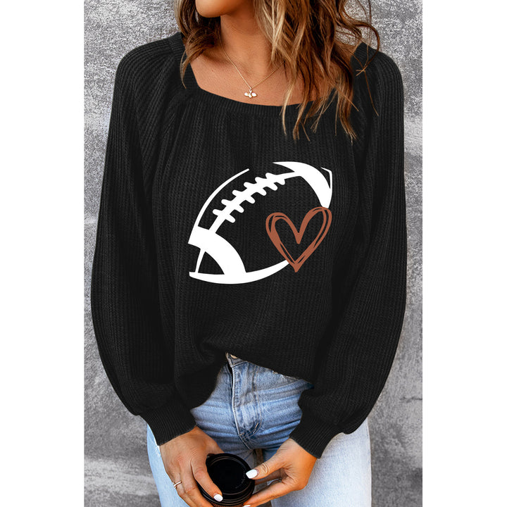 Womens Black Rugby Print Square Neck Puff Sleeve Waffle Top Image 3