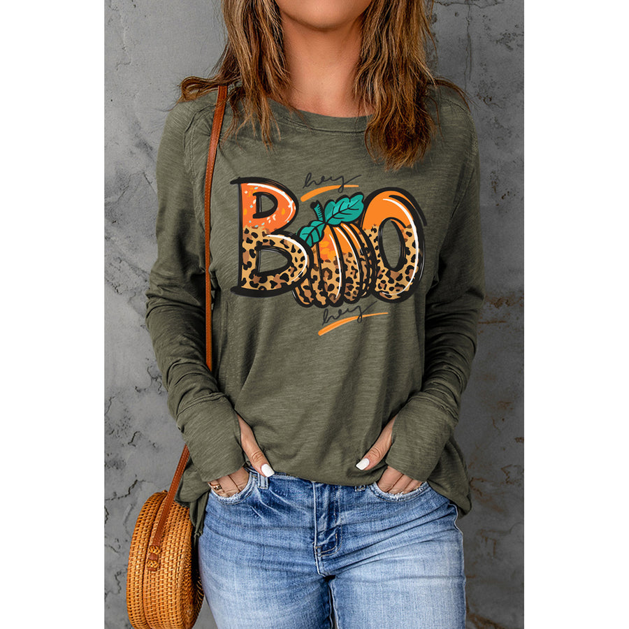 Womens Green BOO Pumpkin Print Long Sleeve Tunic Top Image 1