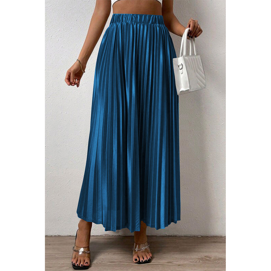 Womens Peacock Blue Elastic Waist Pleated Maxi Skirt Image 1