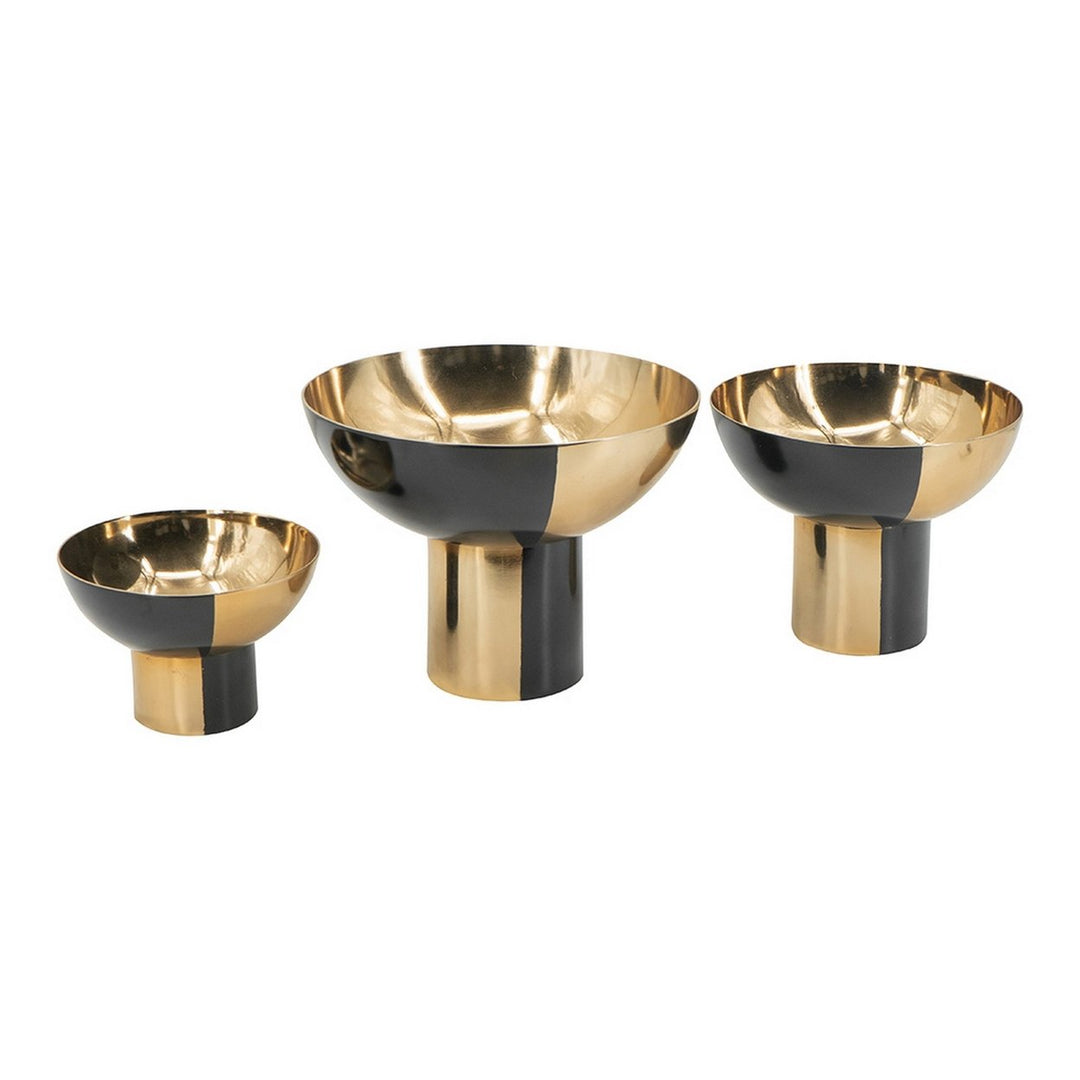Set of 3 Round Bowls, Black and Gold Aluminum Finish, Sturdy Metal Stand- Saltoro Sherpi Image 1