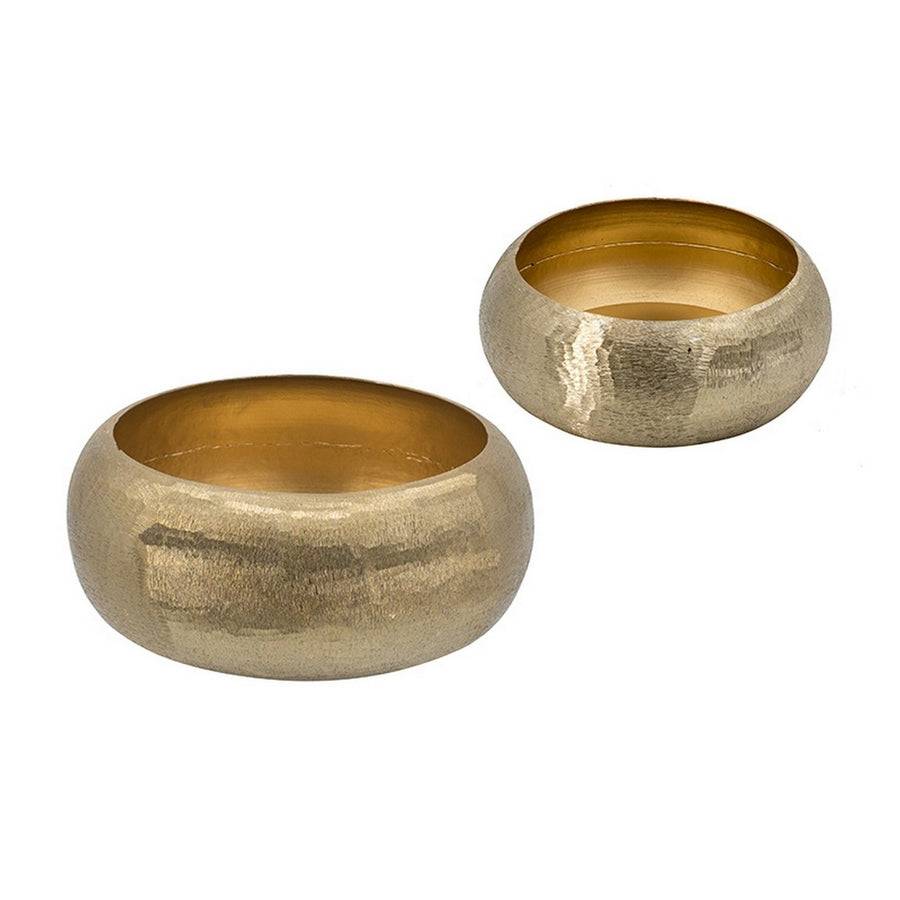 2 Piece Rounded Decorative Bowls, Gold Metal Hammered Texture, Wide Ingress- Saltoro Sherpi Image 1