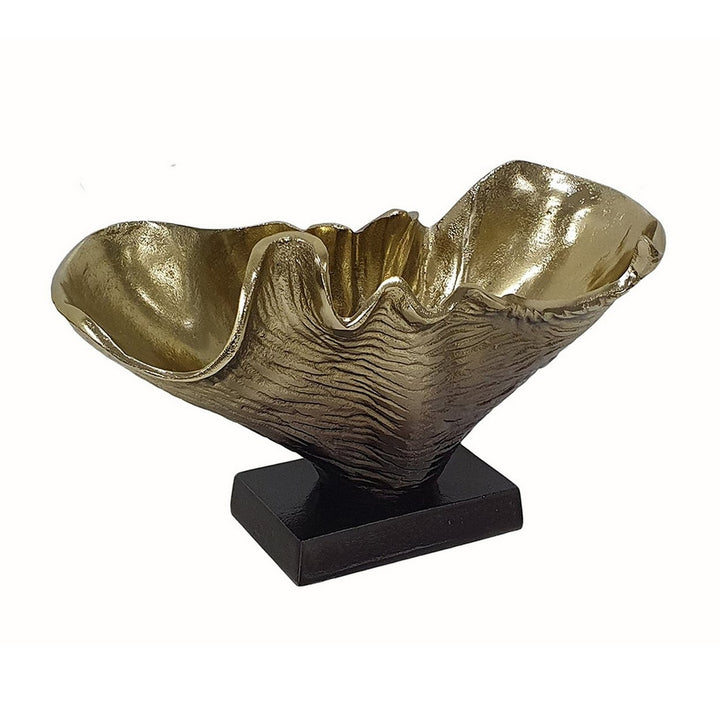 15 Inch Curved Shell Decorative Bowl, Aluminum, Square Base, Gold and Black- Saltoro Sherpi Image 2