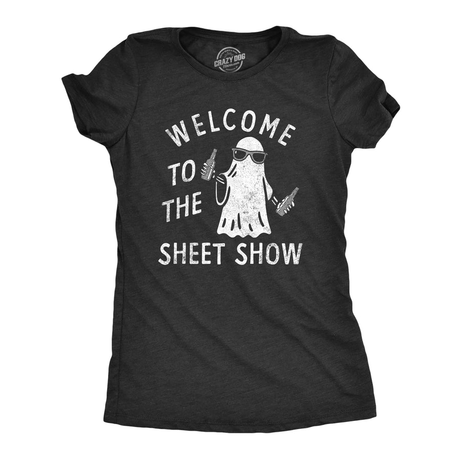 Womens Welcome To The Sheet Show T Shirt Funny Halloween Partying Bedsheet Ghost Tee For Ladies Image 1