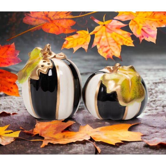 Ceramic Black and White Pumpkin Salt and Pepper Shakers Fall Image 1