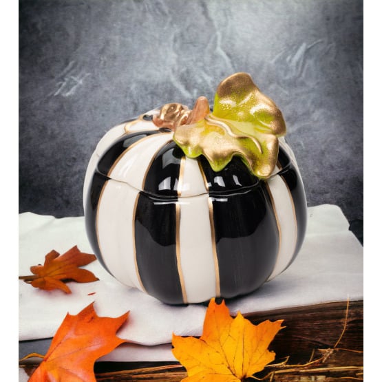 Ceramic Black and White Pumpkin Box Gift 3.5 Inch Kitchen Fall Halloween Image 1