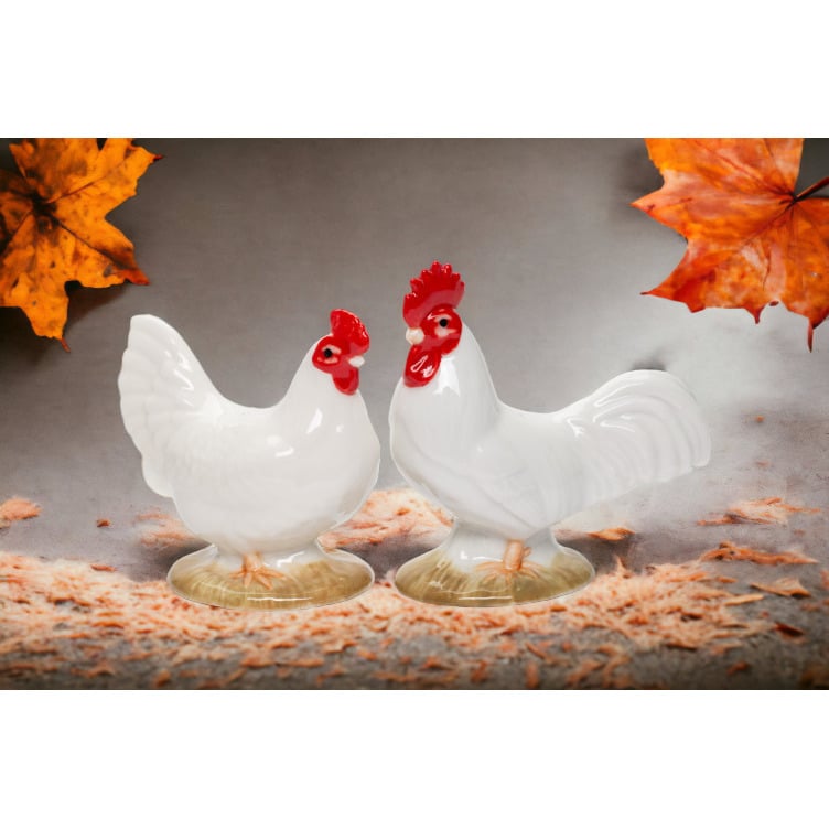 Ceramic White Rooster Hen Salt and Pepper Shakers Image 1