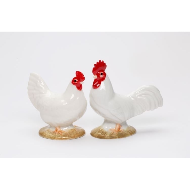 Ceramic White Rooster Hen Salt and Pepper Shakers Image 3